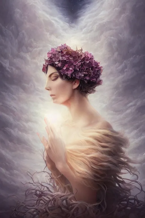 Prompt: hydrangea queen goddess dreaming!!!, windy floating hair!!, atmospheric moody, dark surreal, seductive beauty! cinematic volumetric lights, bust portrait, dnd, fantasy, intricate, elegant, highly detailed, digital painting, artstation, concept art, smooth, sharp focus, illustration, art by artgerm and tom bagshaw and greg rutkowski and alphonse mucha