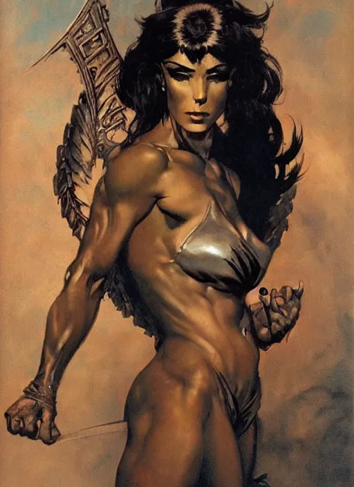 Image similar to portrait of female chaos angel, beautiful! coherent! by frank frazetta, by brom, strong line, deep color, armor, volumetric hair, high contrast