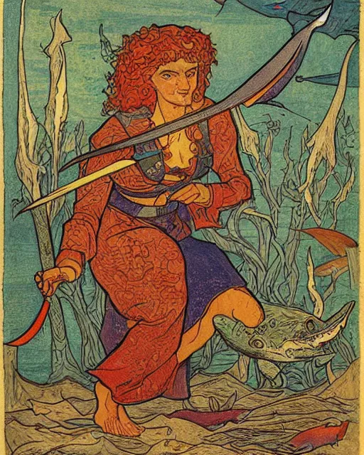 Image similar to a shark woman with melee weapons by ivan bilibin