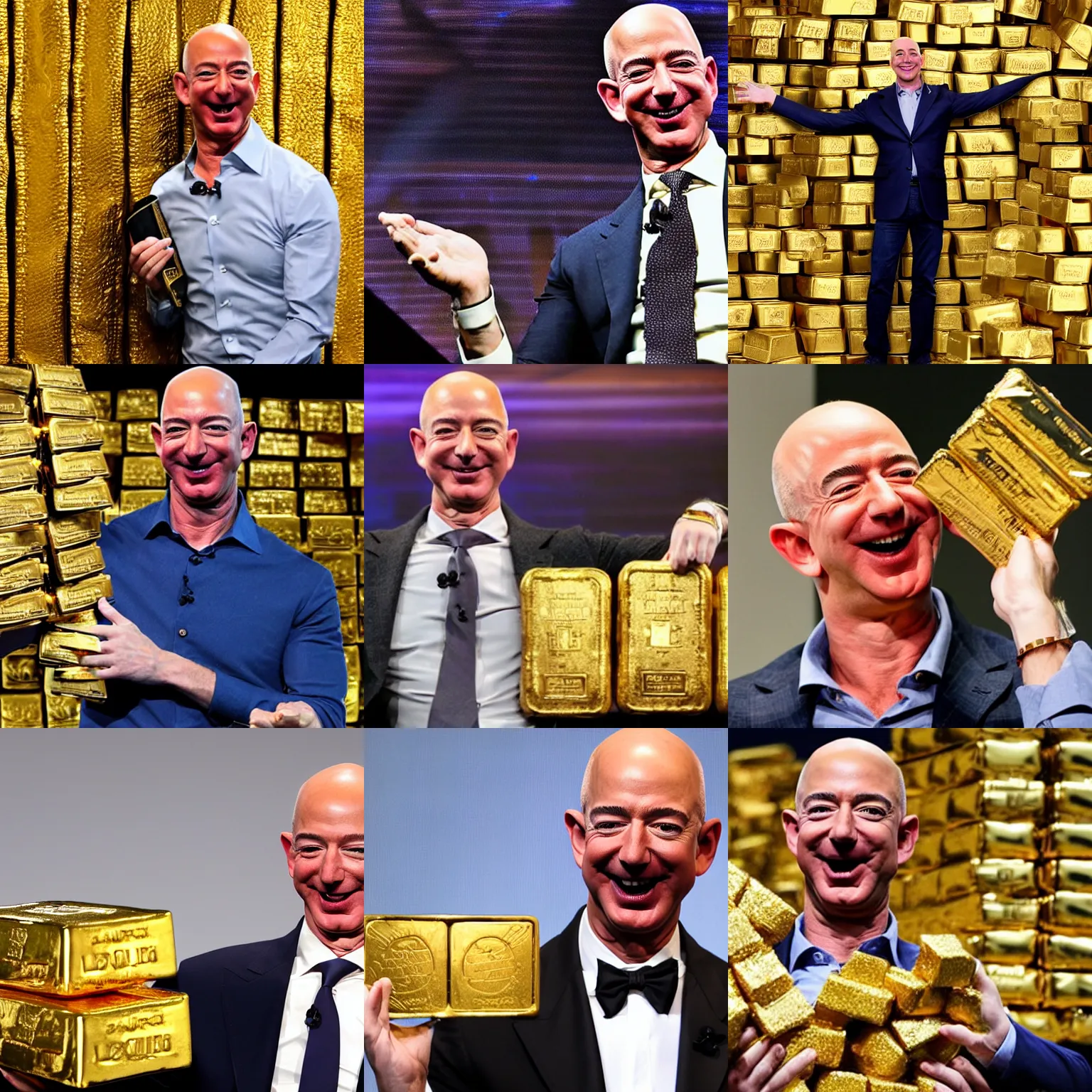 Prompt: jeff bezos laughing with arms full holding gold bars