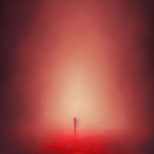 Prompt: Landscape Painting of a mysterious gigantic creature standing in thick red fog, glowing yellow eyes staring through the mist, blood dripping, horror, creepy, unsettling, artstation, cgsociety, masterpiece,