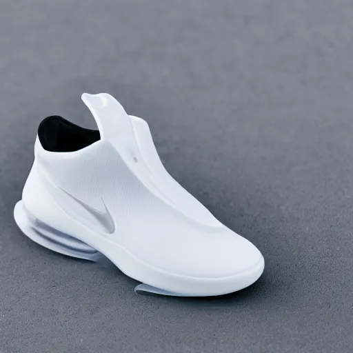 Image similar to a futuristic white nike shoe inspired by spaceship interiors with technical mech details and translucent materials, hyper realistic soft light commercial photography