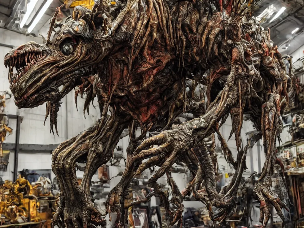 Image similar to photo taken of an epic intricate, ultra detailed, super realistic gritty, hero prop, exquisitely painted animatronic movie prop of a grotesque nightmarish hellish alien creature displayed in the workshop, created by weta workshop, full body shot, photorealistic, sharp focus