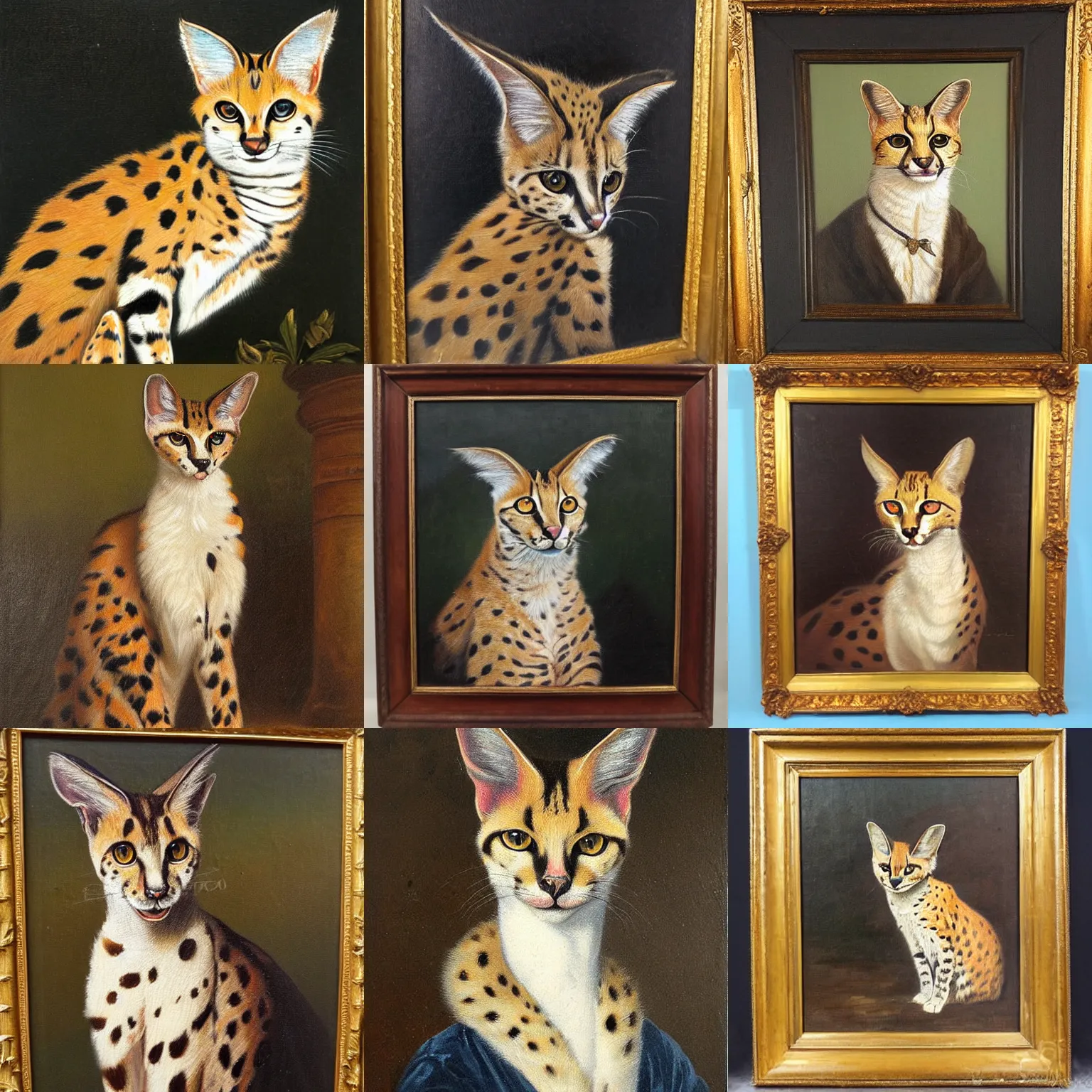 Prompt: victorian oil painting portrait of a serval cat. very aristocratic.