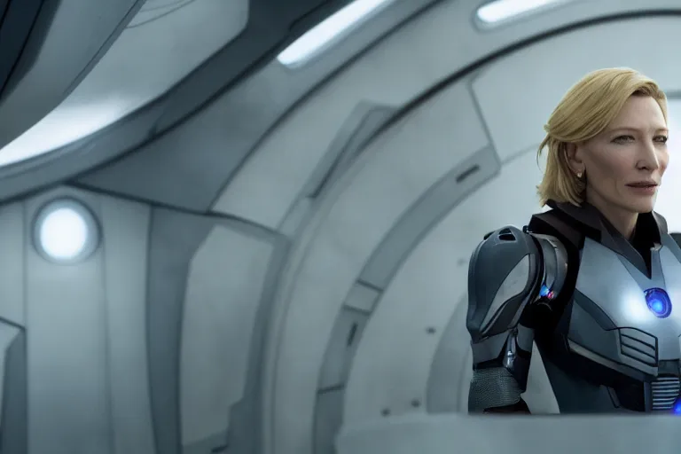 Image similar to cate blanchett on the bridge of a starship,cyborg, 4k, movie still