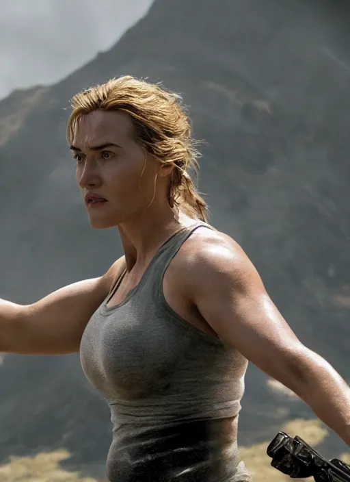 Image similar to a film still of kaye winslet as lara croft, sweat, direct sun light, close up potrait, cinematic,