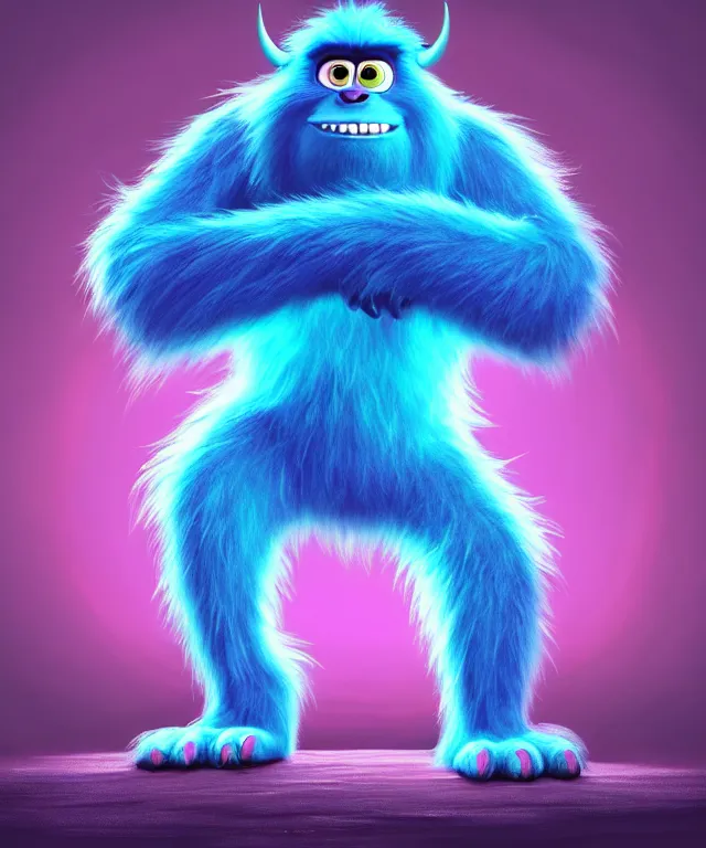 Image similar to a big furry monster made of bioluminescence in the art style of monsters inc, fantasy, elegant, crisp 8 k line art, digital painting, artstation, unreal engine, octane render, emissive lighting, concept art, matte, sharp focus, hyper realistic lighting, illustration, deep royal blue and pink color scheme, art by dave kendall