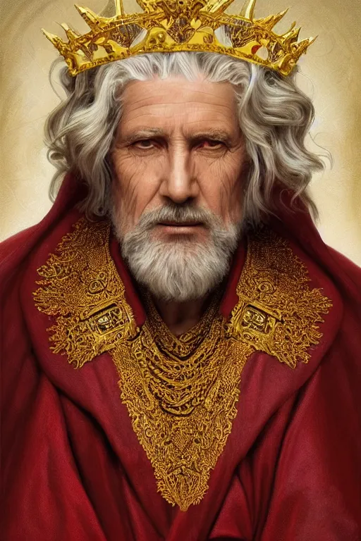 Prompt: Portrait of historically accurate, ancient biblical, sultry, sneering, evil, pagan, old kindah kingdom king, wearing gilded red royal robes, long white hair, intricate, elegant, highly detailed, digital painting, artstation, concept art, smooth, sharp focus, illustration, art by artgerm and greg rutkowski and alphonse mucha and andrei riabovitchev