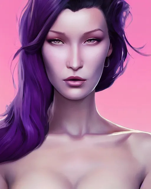 Image similar to beautiful Bella Hadid purple hair tattoos symmetrical face eyes full body fantasy art icon, 3d art gta5 cover, official fanart behance hd artstation by Jesper Ejsing, by RHADS, Makoto Shinkai and Lois van baarle, ilya kuvshinov, rossdraws