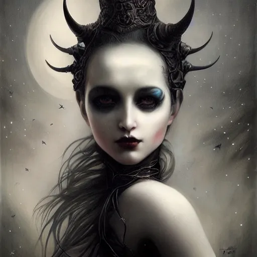Image similar to By Tom Bagshaw, ultra realist soft painting portrait of zynoid curiosities carnival by night, very beautiful horned single dollpunk gothic fully dressed fading, symmetry accurate features, very intricate details, ominous sky, black and white, volumetric light clouds