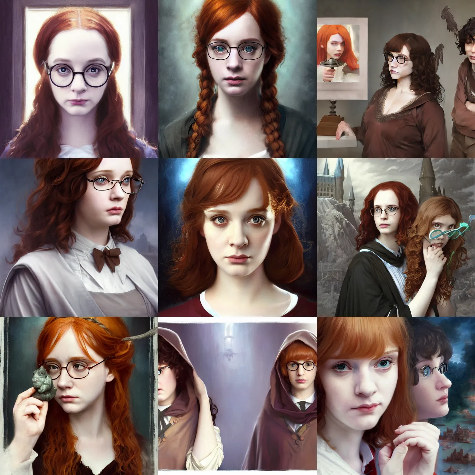 Prompt: mirror image of beautiful, sad christina hendricks, sad expression dressed as a hogwarts student, with brown hair, harry potter, glasses, by ruan jia and artgerm and range murata and krenz cushart and william adolphe bouguereau, key art, fantasy illustration, award winning, intricate detail realism hdr, full body painting