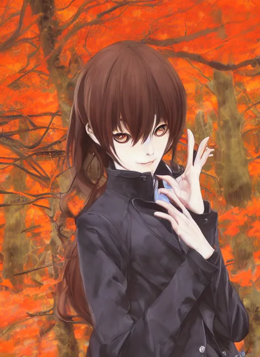 Prompt: portrait painting by shigenori soejima, girl, fox ears, focus on face, forest background, pretty, cinematic lighting, painterly, long wavy orange hair, light brown trenchcoat