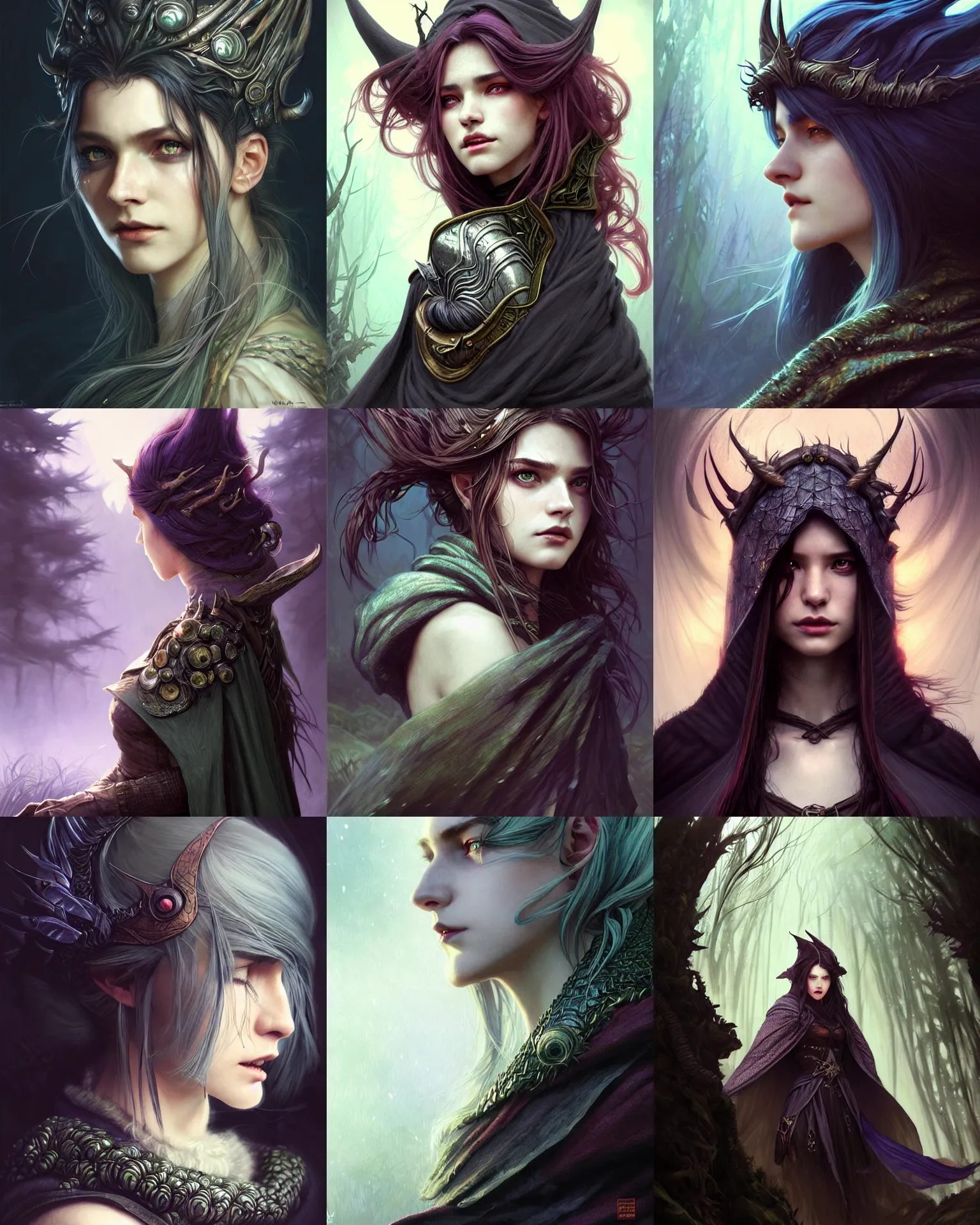 Prompt: cinematic side portrait rugged girl, adventurer outfit large cloak, fantasy forest landscape, dragon scales in hair, supervillain sorceress witch, fantasy magic, undercut colored hairstyle, dark light night, intricate, elegant, sharp focus, illustration, highly detailed, digital painting, concept art, matte, art by WLOP and Artgerm and Greg Rutkowski and Alphonse Mucha, masterpiece