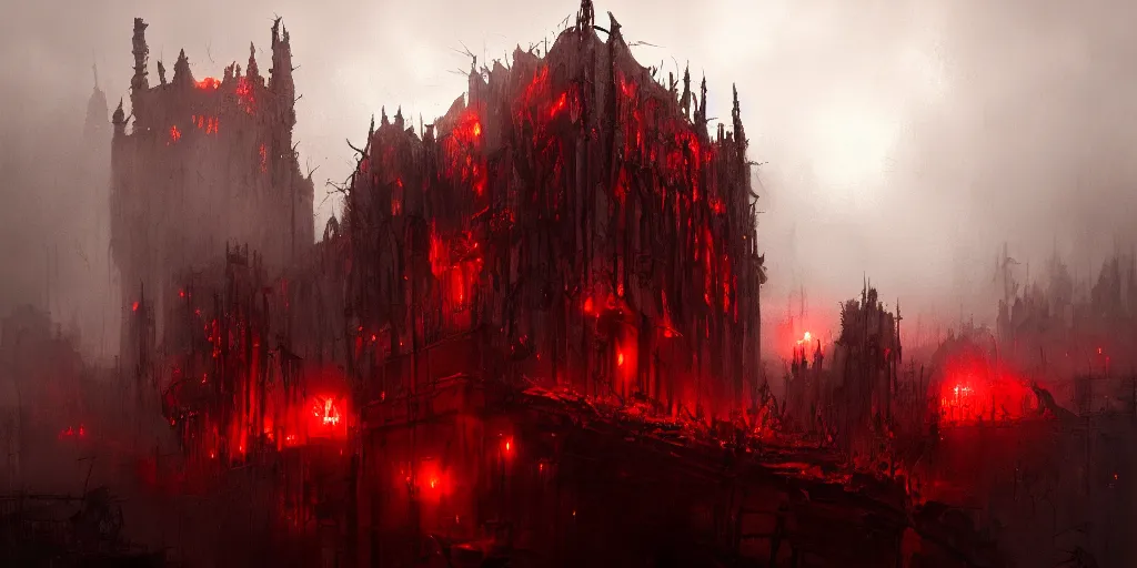 Image similar to grimdark chaos fortress, ruined, terrifying architecture, looming, dark, fog, atmospheric red lighting, flying chaos creatures, dark souls, hyperrealistic, art by sparth