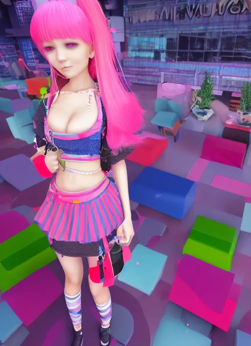 Image similar to vrchat, secondlife, imvu, 3 d model of a girl wearing harajuku colorful clothes, hq render, detailed textures, artstationhd, booth. pm, highly detailed attributes and atmosphere, dim volumetric cinematic lighting, hd, unity unreal engine