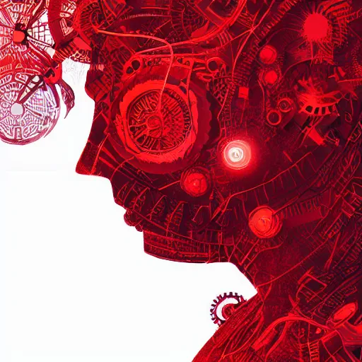 Image similar to digital, 2 dmatte, painting, illustration, abstract, illustration art, photoshop, fantasy, matte painting, abstract, red woman, intricate lines, made of tiny gears and robot parts