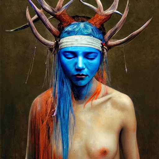 Image similar to A young female shaman blindfolded with a decorated headband, blue hair and antlers on her head, made by Esao Andrews and Karol Bak and Zdzislaw Beksinski