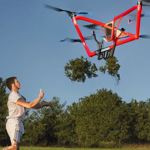 Prompt: flying drone with basketball hoop and backboard on drone body