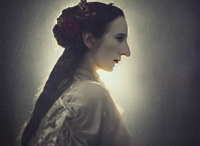 Image similar to portrait of Lady Dracula in victorian suit, atmospheric lighting, painted, intricate, London Dockyard, volumetric lighting, beautiful, light rain, moon light, sharp focus, ultra detailed, by Leesha Hannigan, Ross Tran, Thierry Doizon, Kai Carpenter, Ignacio Fernández Ríos, Yasumoto Oka,