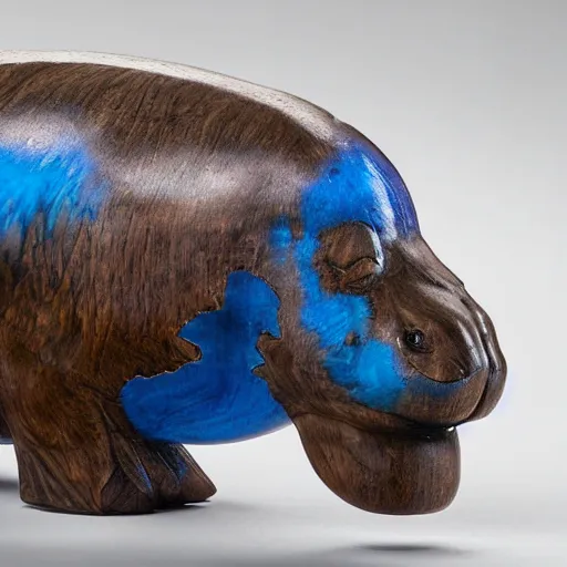 Prompt: a small smooth hippo statue carved from natural wood, dipped in polished blue resin, half and half, mixed media, side view