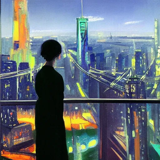 Prompt: “ a girl looking down at a futuristic new york city below, ghostpunk, detailed face, oil painting, studio ghibli, by george bellows ”