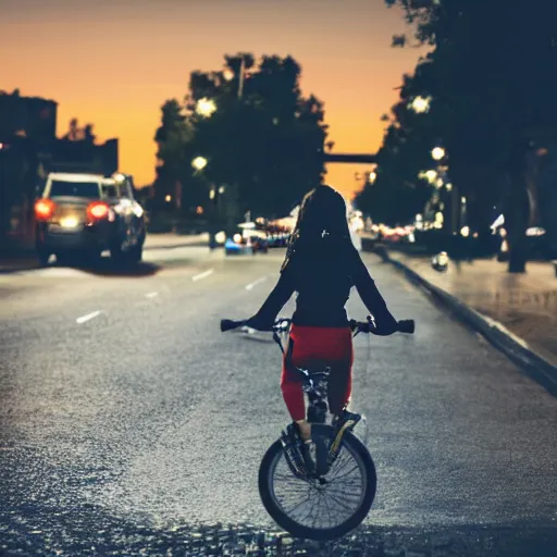 Prompt: a girl rides a bicycle on the street at dusk