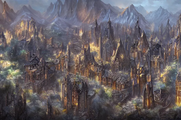 Image similar to silver elven city, highly detailed, d & d, fantasy, highly detailed, digital painting, trending on artstation, concept art, sharp focus, illustration