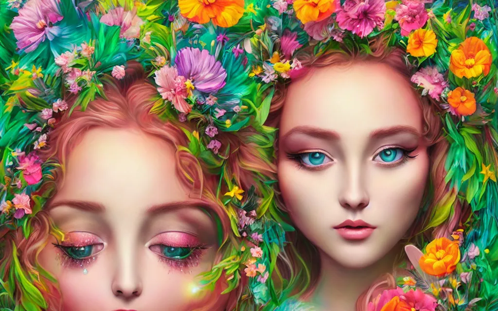 Image similar to a divine feminine goddess, rosey cheeks, sparkles on eyelids, surrounded by lush flowers and feathers in bright abstract colours ultra realistic digital painting, artstation, concept art, pop, smooth, sharp focus, illustration, art by mark ryden and lisa frank 3 d 8 k ultra detailed