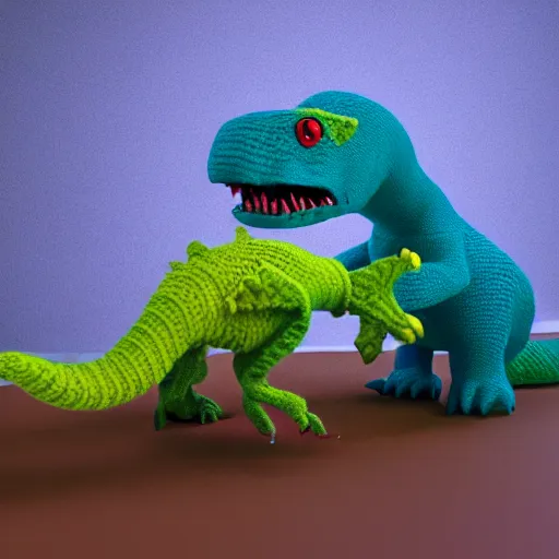 Image similar to super cute dinosaur made out of sweaters and yarn octane rendering vivid cinematic lighting 4 k