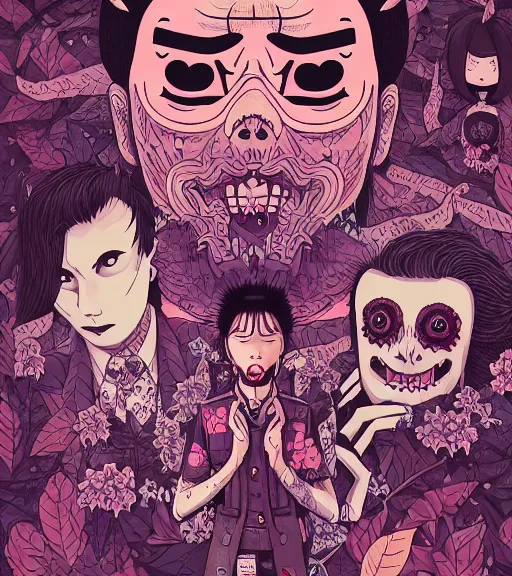 Prompt: portrait, nightmare anomalies, leaves with yakuza by miyazaki, violet and pink and white palette, illustration, kenneth blom, mental alchemy, james jean, pablo amaringo, naudline pierre, contemporary art, hyper detailed