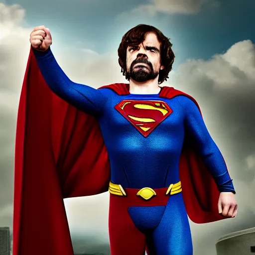 Image similar to stunning awe inspiring peter dinklage as superman, movie still 8 k hdr atmospheric lighting