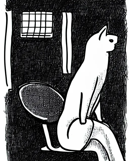 Image similar to a cat seated on the subway, cross-legged. White background. New Yorker cartoon. B&W. Black and white.