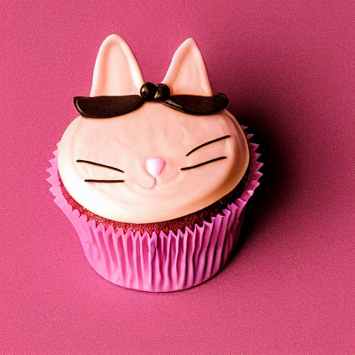 Image similar to a delicious looking pink cat cupcake, advertised in a winning food magazine, studio product lighting, presented on a light red pastel colored background