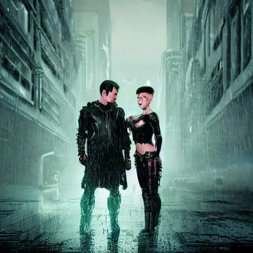 Image similar to An epic fantasy comic book style portrait painting of very imposing Industrial goths Trent Reznor and Miley Cyrus in the rain, wet hair, neon reflections, character design by Mark Ryden and Pixar and Hayao Miyazaki, unreal 5, DAZ, hyperrealistic, octane render, cosplay, RPG portrait, dynamic lighting, intricate detail, cinematic