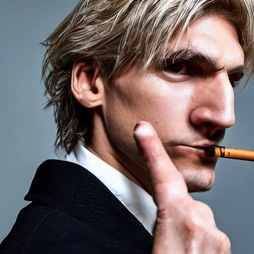 Image similar to a closeup photo of really handsome xqc smoking,