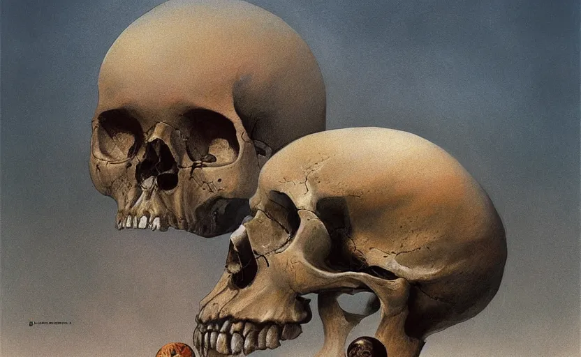 Prompt: a surrealistic painting of a human skull and the slate theory origin, in the style of zdzislaw beksinski, digital art, detailed masterpiece