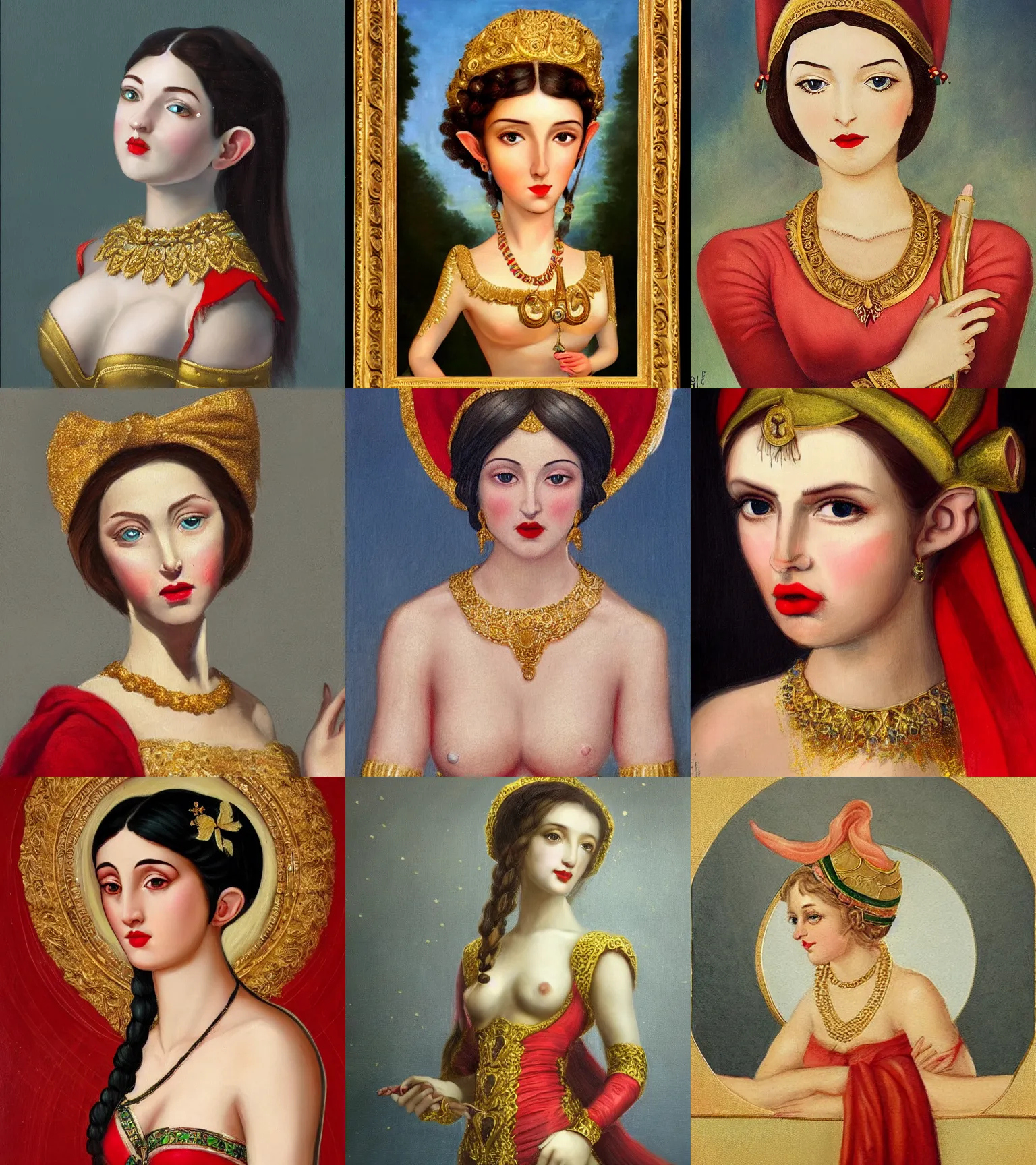 Prompt: classical painting of full body character, elf girl with soft white skin and gold eyes, flattering hair, golden jewelry on red lips, hyper detailed