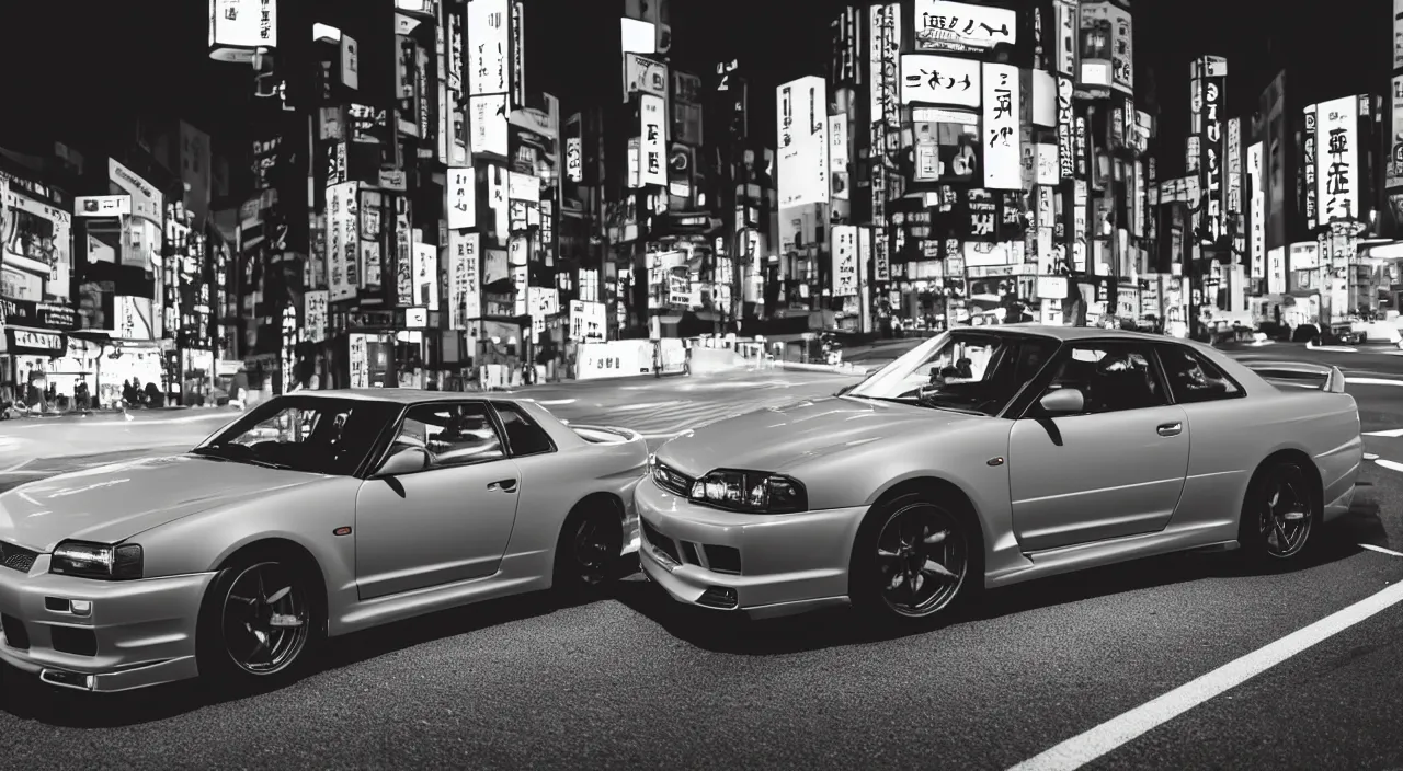 Image similar to sideview of a skyline gtr driving in tokyo at night, 4k photo, shot with sony alpha