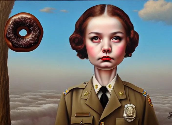 Image similar to a police officer with donut face, lowbrow, matte painting, 3 - d highly detailed, in the style of mark ryden,