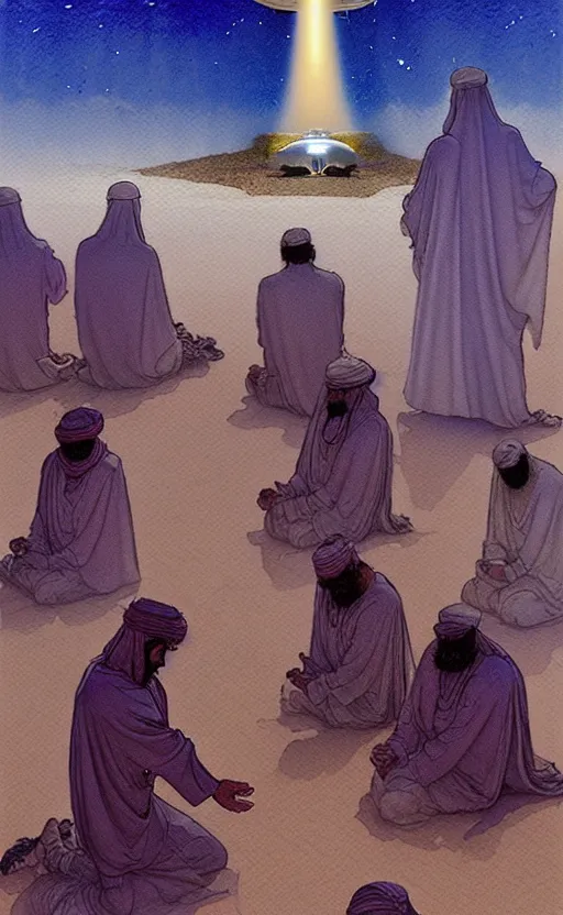 Prompt: a hyperrealist watercolour character concept art portrait of a group of middle eastern men kneeling down in prayer in front of a giant angel on a misty night in the desert. a ufo is in the background. by rebecca guay, michael kaluta, charles vess and jean moebius giraud