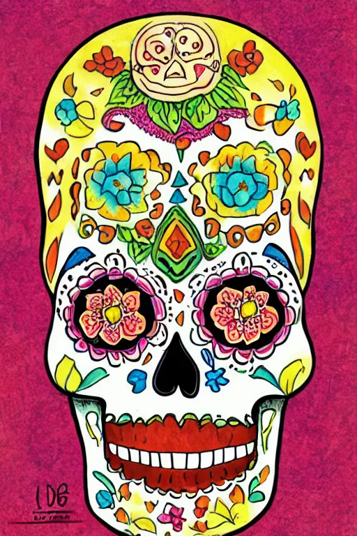 Prompt: illustration of a sugar skull day of the dead girl, art by richard scarry