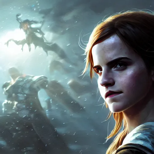 Image similar to portrait of emma watson as hermione, league of legends amazing splashscreen artwork, gears of war, splash art, natural light, elegant, photorealistic facial features, intricate, fantasy, detailed face, atmospheric lighting, anamorphic lens flare, cinematic lighting, league of legends splash art, hd wallpaper, ultra high details by greg rutkowski