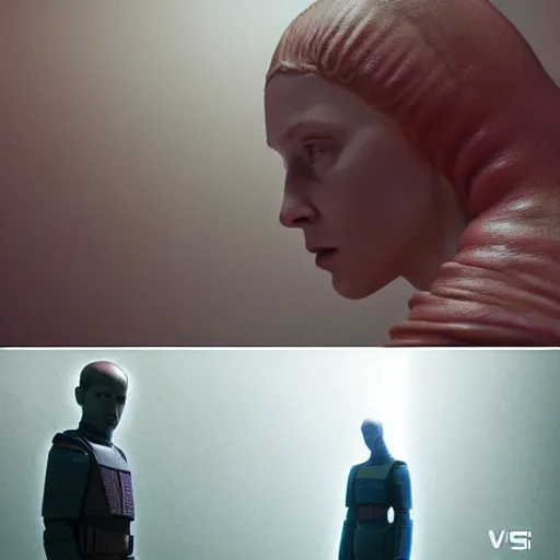 Image similar to colour aesthetic highly detailed photography scene, characters with hyperrealistic highly detailed faces. from dune ( 2 0 2 1 ) by alejandro hodorovski and denis villeneuve and gregory crewdson style with many details by andrei tarkovsky and caravaggio in sci - fi style. volumetric natural light hyperrealism photo on red dsmc 3 system rendered in vray