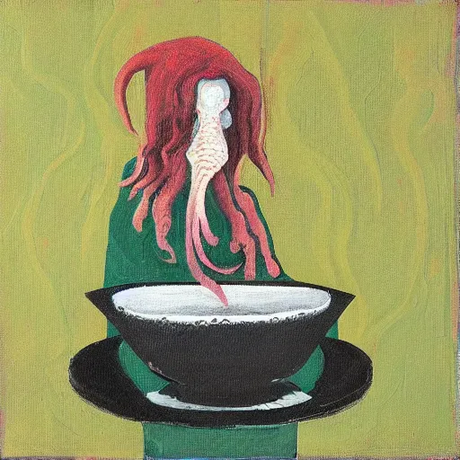 Image similar to “A squid-human hybrid having tea in a decrepit cottage. Acrylic on canvas”