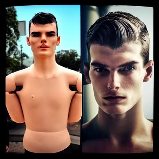 Image similar to “a realistic detailed photo of a guy who is an attractive humanoid who is half robot and half humanoid, who is a male android, Max Verstappen, shiny skin, posing like a statue, blank stare”