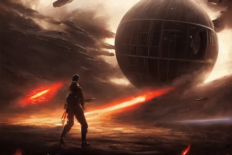 Prompt: ultra realistic, cinematic, detailed, deep focus, movie still, dramatic lighting, ray tracing, artgerm and greg rutkowski concept art for scene : the death star is rocked by explosions as the rebel fleet zooms over, unloading a heavy barrage. luke struggles to carry the enormous weight of his father's dying body toward an imperial shuttle.