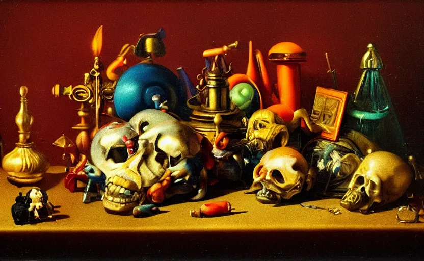Prompt: disturbing colorful oil painting dark background dutch golden age vanitas still life vintage toys beautiful composition with bizarre objects strange surfaces shiny metal reflections bizarre lights rachel ruysch dali todd schorr very detailed perfect composition rule of thirds masterpiece canon 5 0 mm, cinematic lighting, photography, retro, film, kodachrome