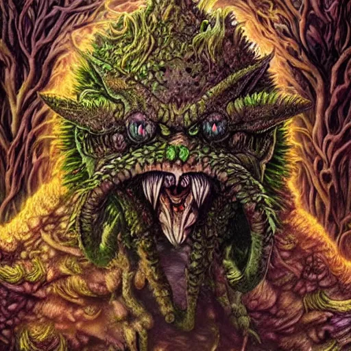 Prompt: a plant monster, menacing expression, nature themed, fantastical, glowing amber eyes, intricate details, highly detailed, kentaro miura art style