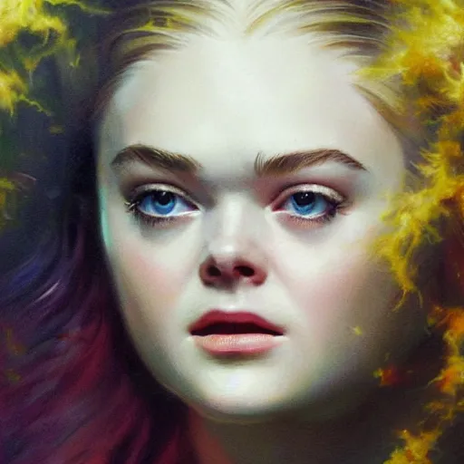 Image similar to ultra realistic portrait painting of elle fanning being struck by lightning, art by frank frazetta, vintage levi ’ s ad, stormy weather, dark vibes, 4 k, ultra realistic, highly detailed, epic lighting