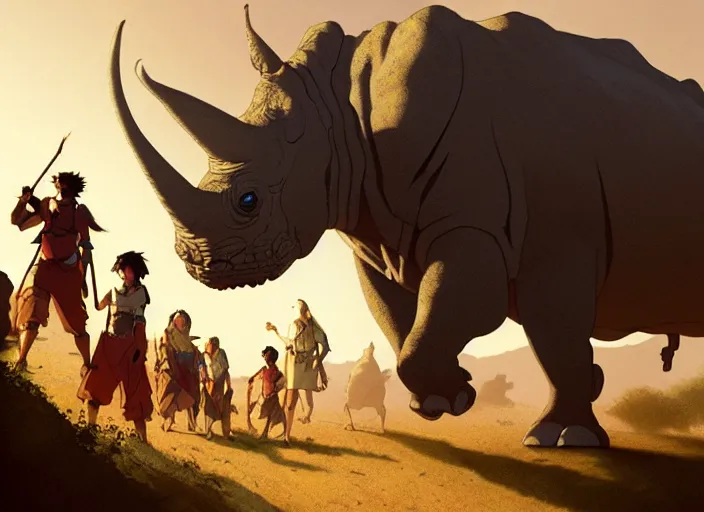 Image similar to the big large expedition with a lot of explores, warriors and adventurers, being brought by gigantic rhinos carrying stuff towards the desert of duhnes medium shot, studio ghibli animation, anime key art by craig mullins, bloom, dramatic lighting